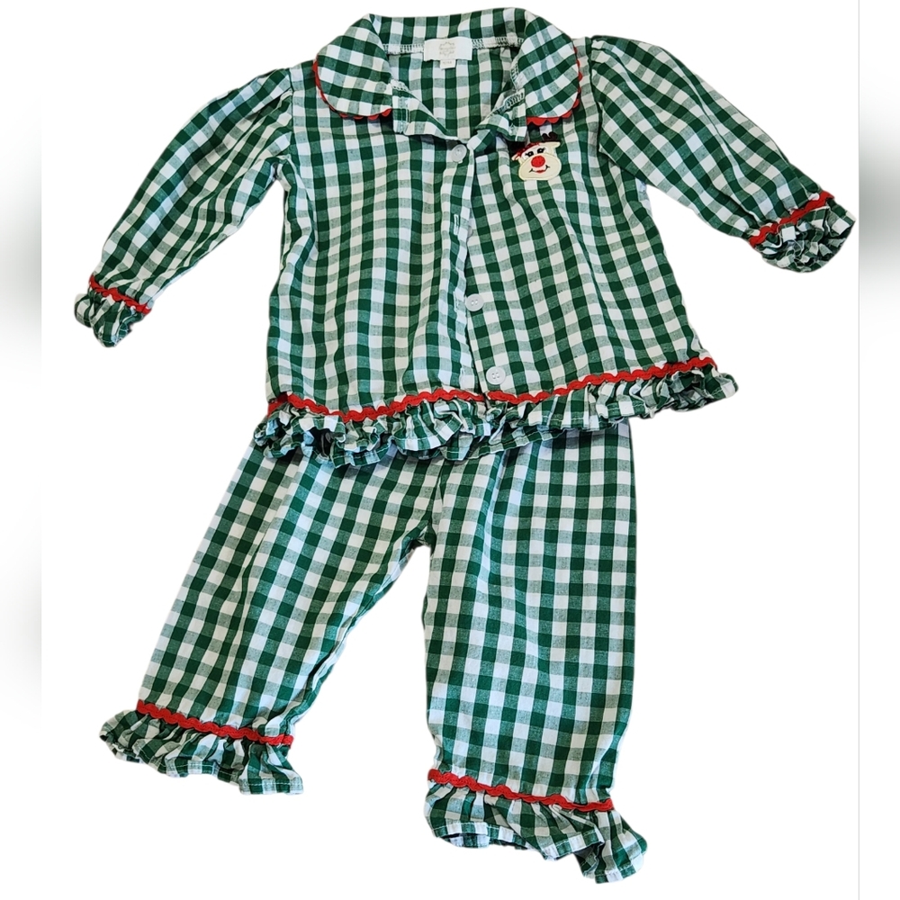 Honeydew Green Checkered 12m Pajamas with Reindeer Patch